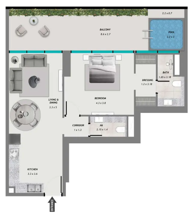 Samana Resorts 1 bed floor plan, 1,034 sqft