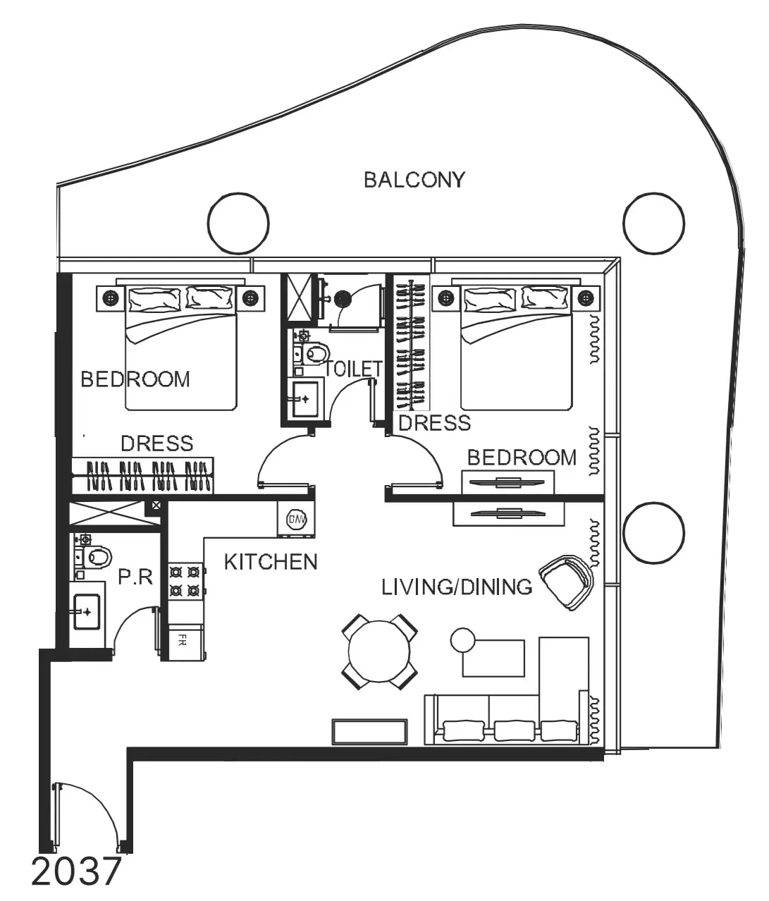 The WOW Tower 2 bed floor plan, 1,256 sqft