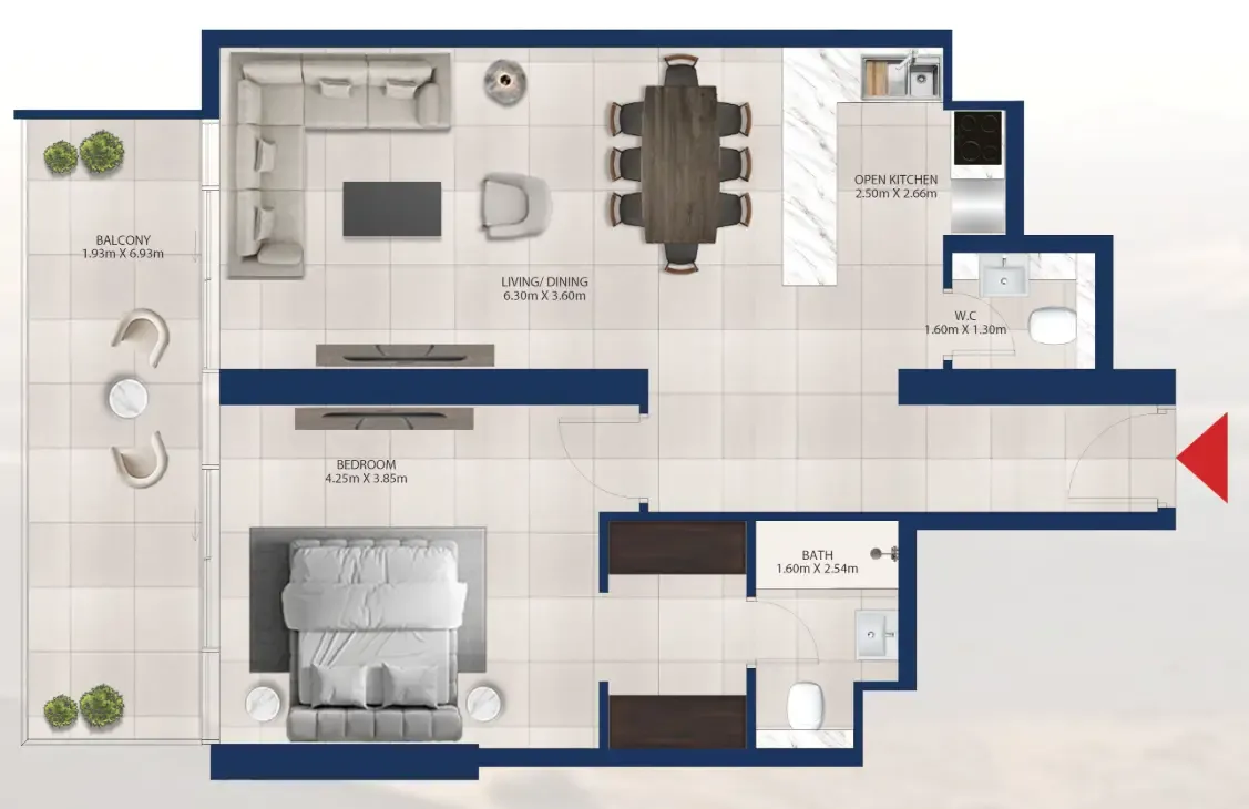Al Vista 1 bed floor plan, 938 sqft