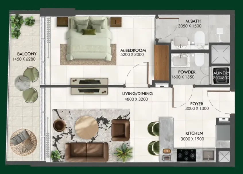 Enchante 1 bed floor plan, 652 sqft