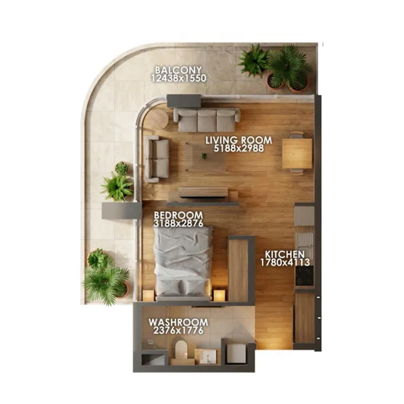 Zenith D1 Studio floor plan, 692 sqft
