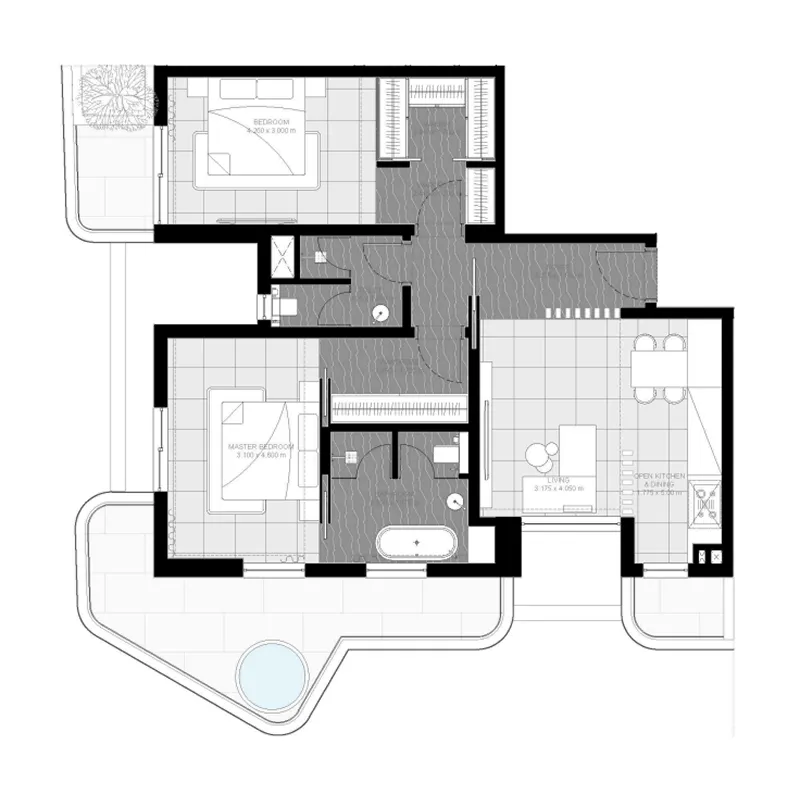 Marea Residences 2 bed floor plan, 1,245 sqft