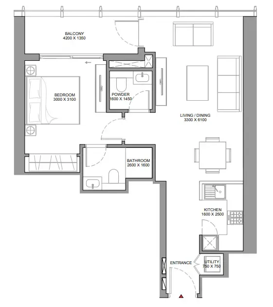 The Element at Sobha One 1 bed floor plan, 732 – 737 sqft