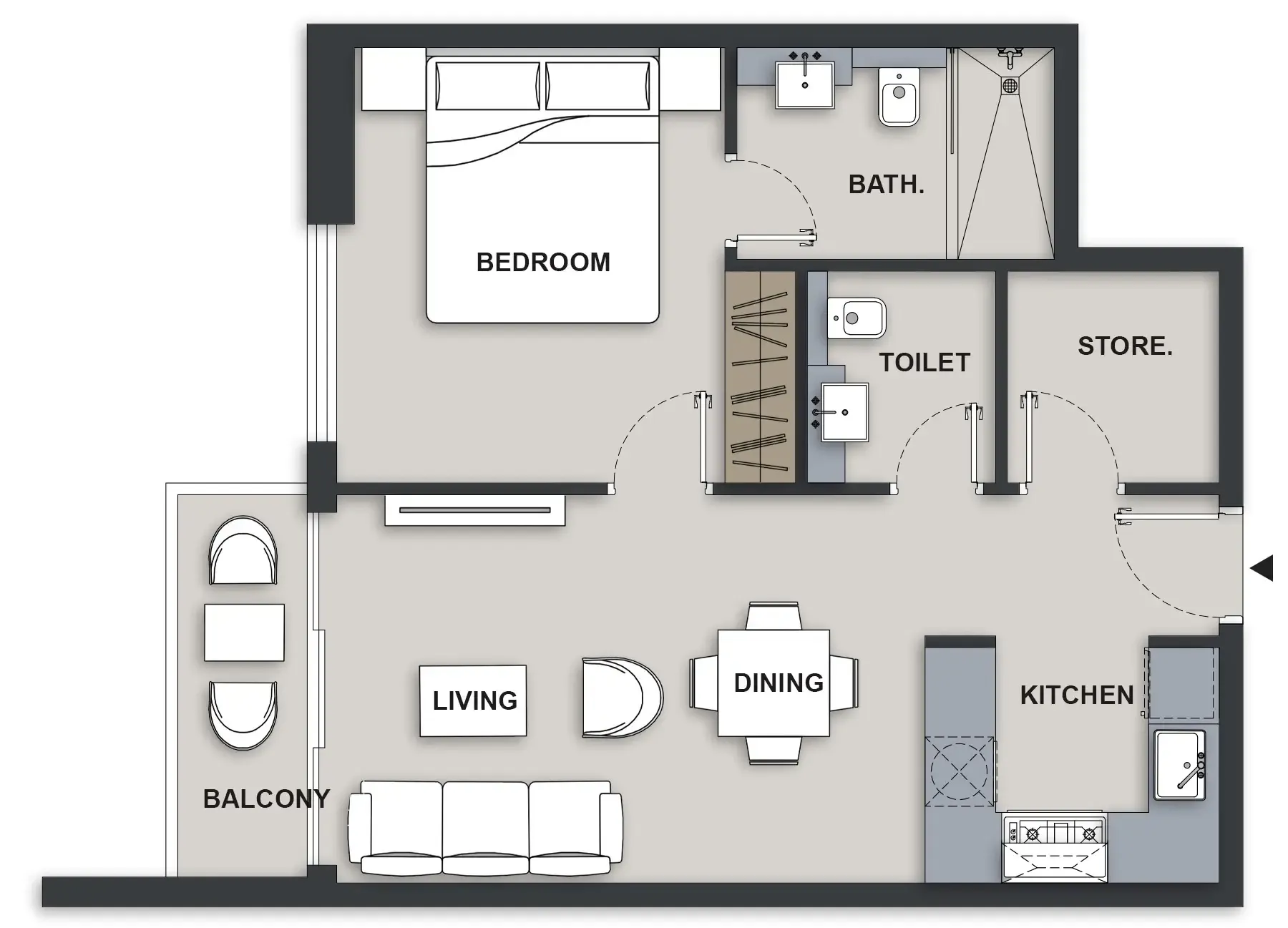 Maison Elysee III 1 bed floor plan, 630 sqft
