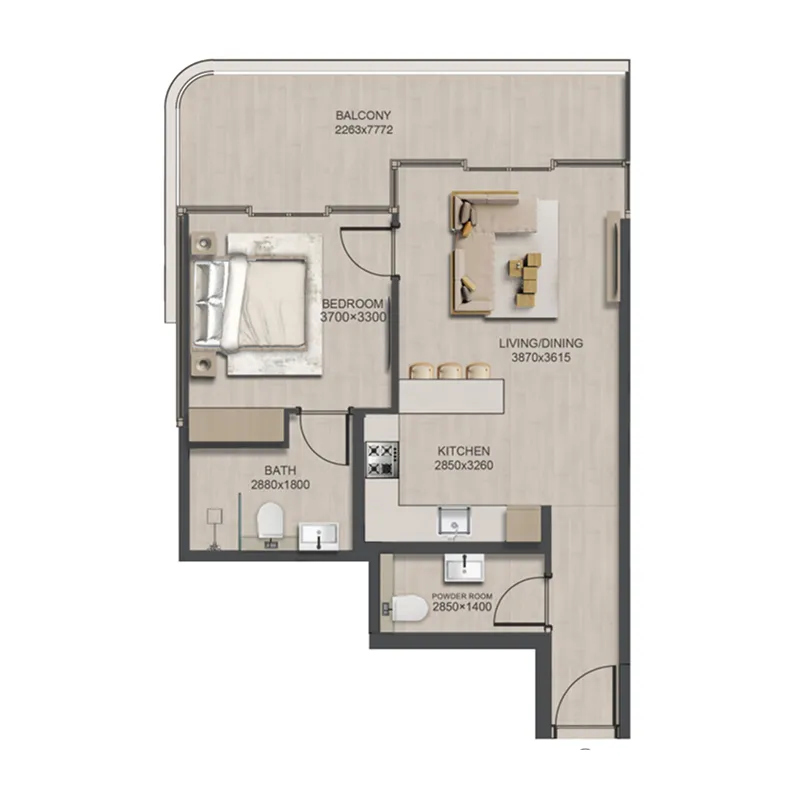 J188 1 bed floor plan, 806 sqft