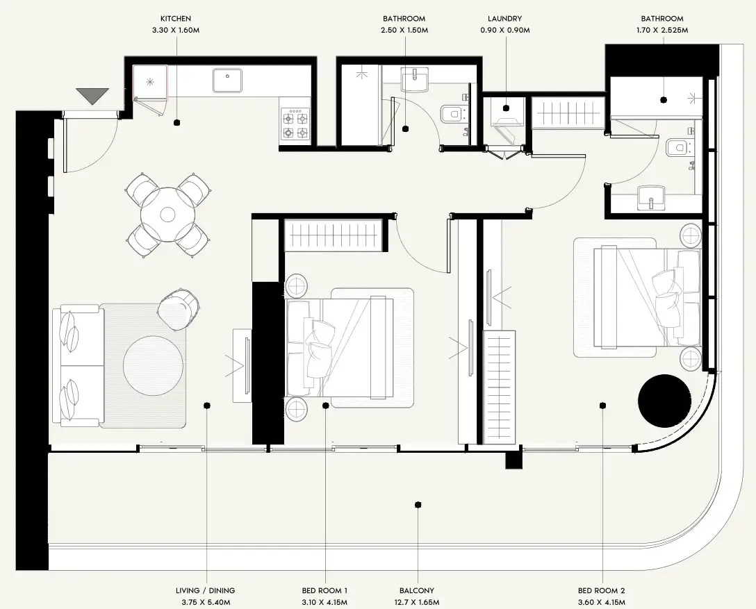 Azizi Milan 2 bed floor plan, 1,160 sqft