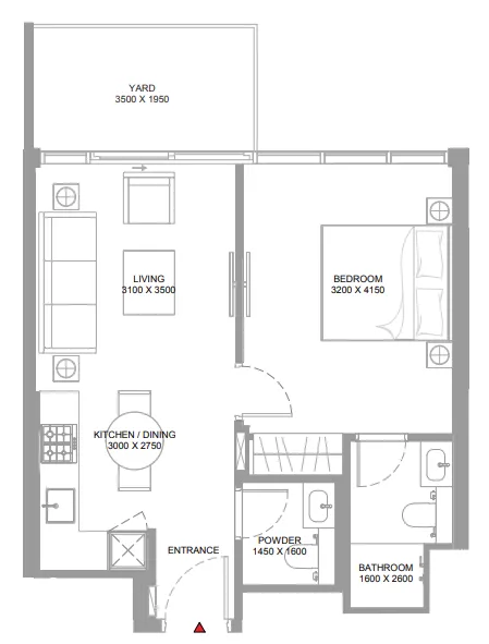 Canalside Marina Residences 1 bed floor plan, 592 sqft
