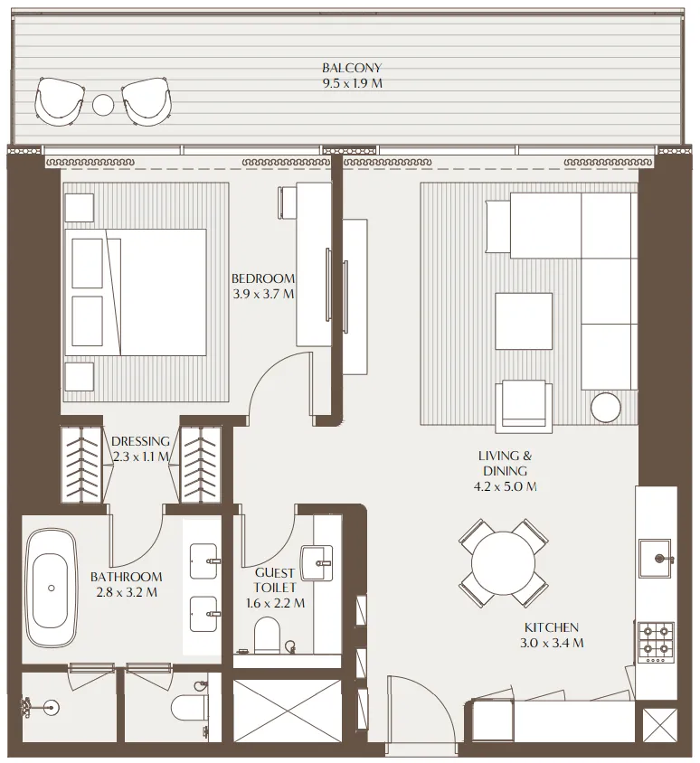 Akala Residences 1 bed floor plan, 1,044 sqft