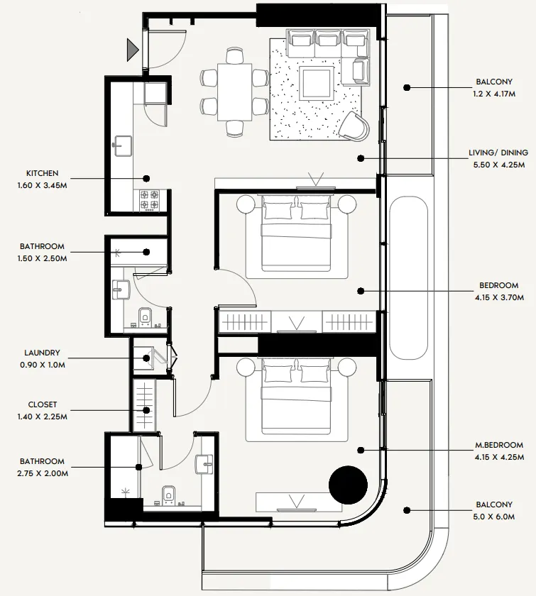 Azizi Milan 2 bed floor plan, 1,252 sqft