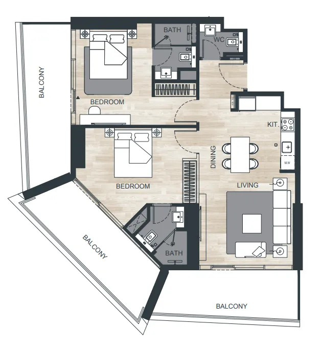 Binghatti Ghost 2 bed floor plan, 1,355 sqft