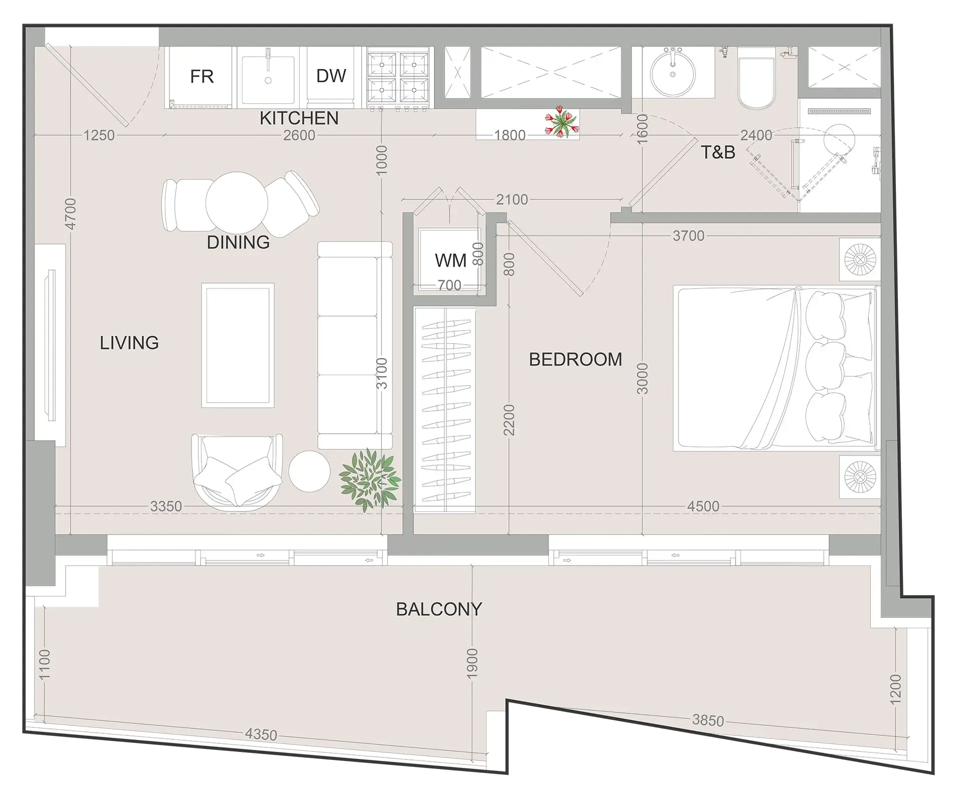 SKY LEVEL 1 1 bed floor plan, 595 – 596 sqft