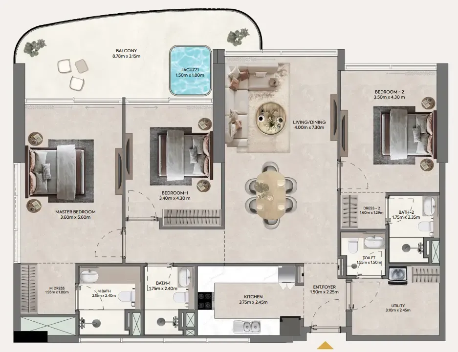 Hermina by Casagrand 3 bed floor plan, 1,696 sqft