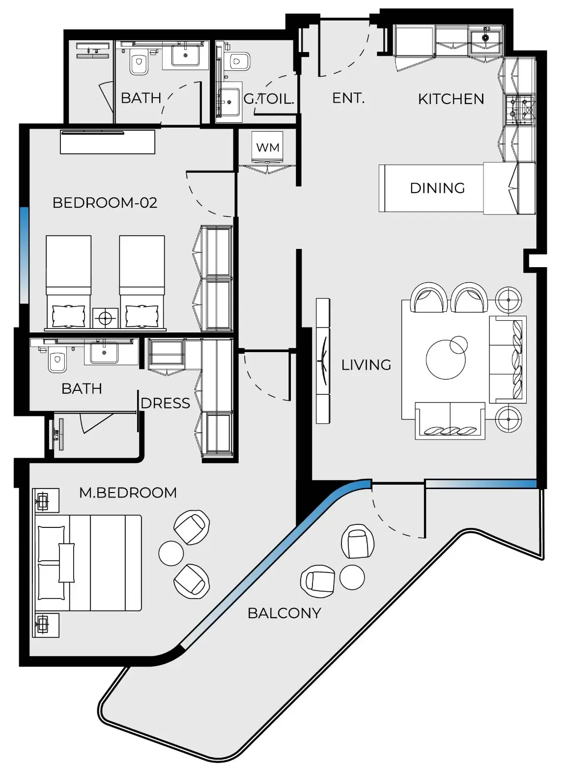 Luxury Canal Residences 2 bed floor plan, 1,244 sqft