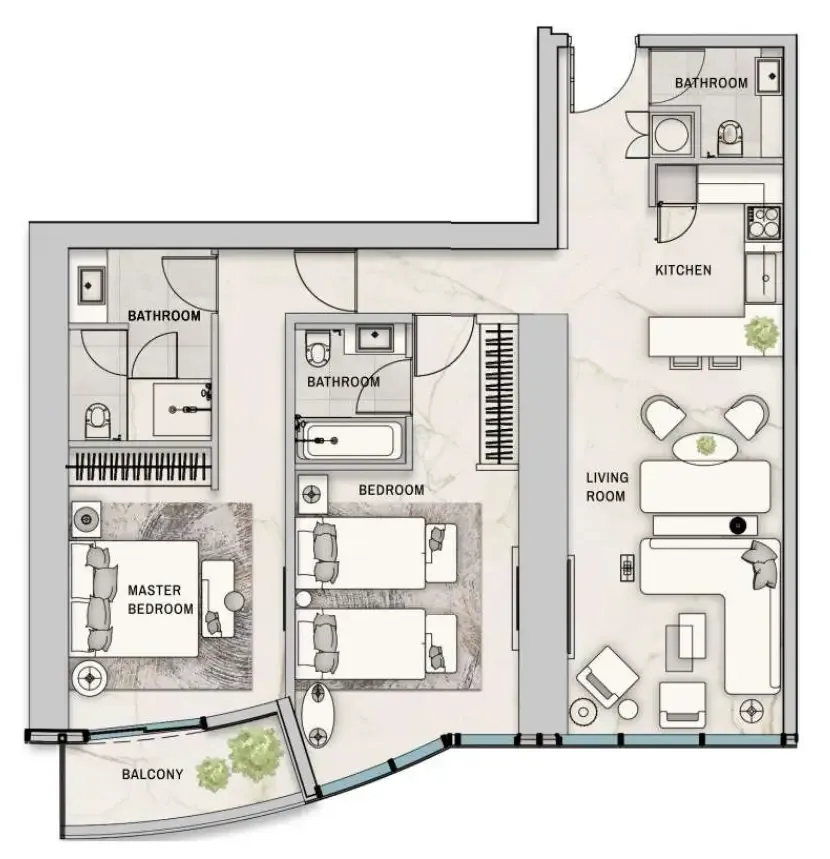 The Biltmore Residences Sufouh 2 bed floor plan, 1,063 – 1,156 sqft