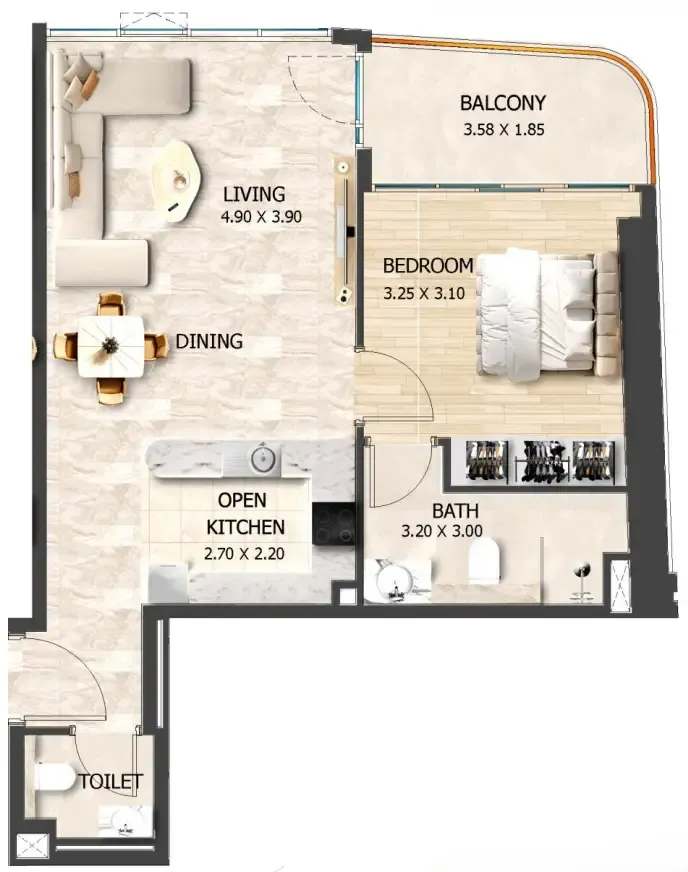 Crystal Tower by VHS 1 bed floor plan, 646 sqft