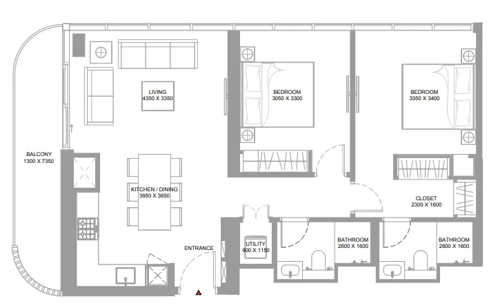Canalside Marina Residences 2 bed floor plan, 986 sqft