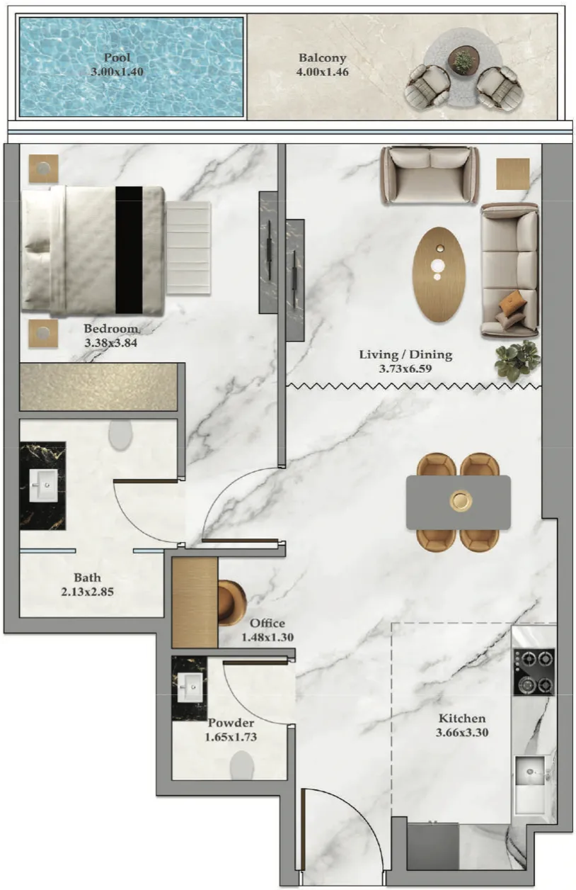 Bayz 102 1 bed floor plan, 772 sqft