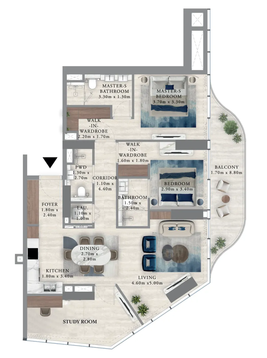 Royal Yacht Club Residence 2 bed floor plan, 1,306 sqft