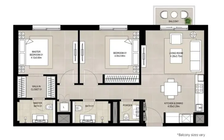 Fiori Residences 2 bed floor plan, 935 sqft