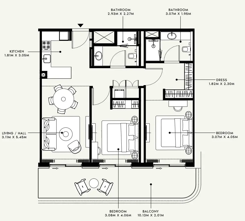 Azizi Venice 2 bed floor plan, 1,156 sqft