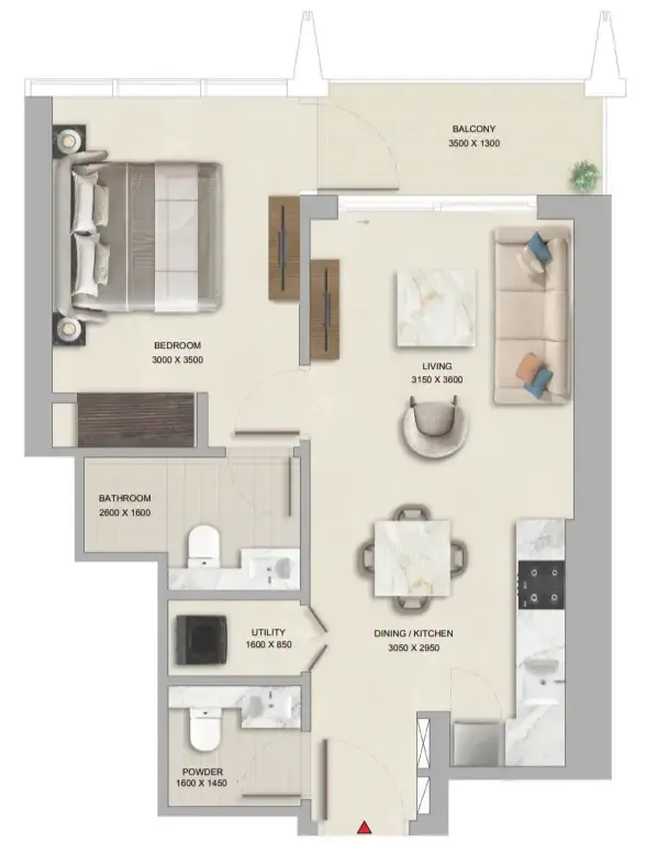 The Pinnacle at Sobha Central 1 bed floor plan, 610 sqft
