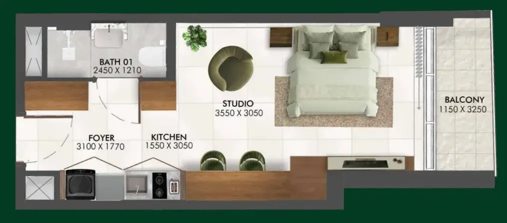 Enchante Studio floor plan, 373 sqft