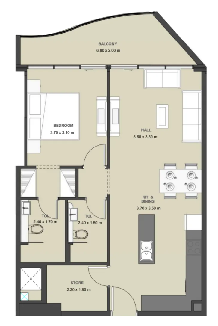 Lucky Oasis Residence 1 bed floor plan, 832 sqft