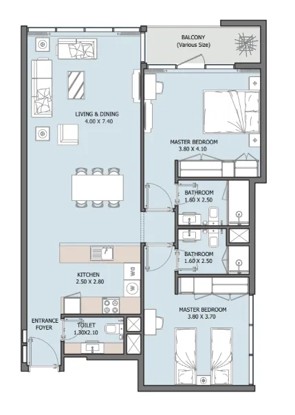 Verdana X 2 bed floor plan, 1,074 – 1,870 sqft