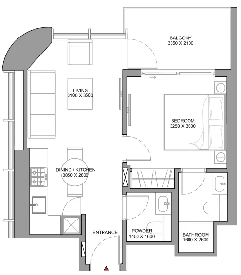 Sobha Aquamont 1 bed floor plan, 578 sqft