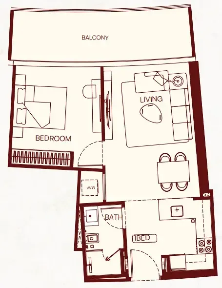 Binghatti Skyflame 1 bed floor plan, 703 sqft