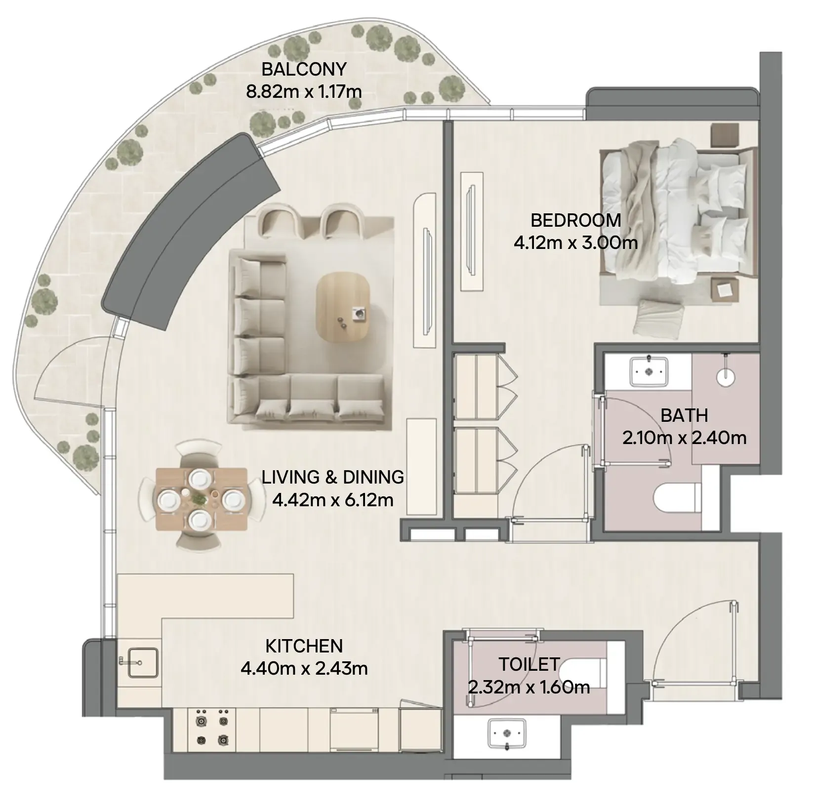Mirasol Mina 1 bed floor plan, 882 sqft