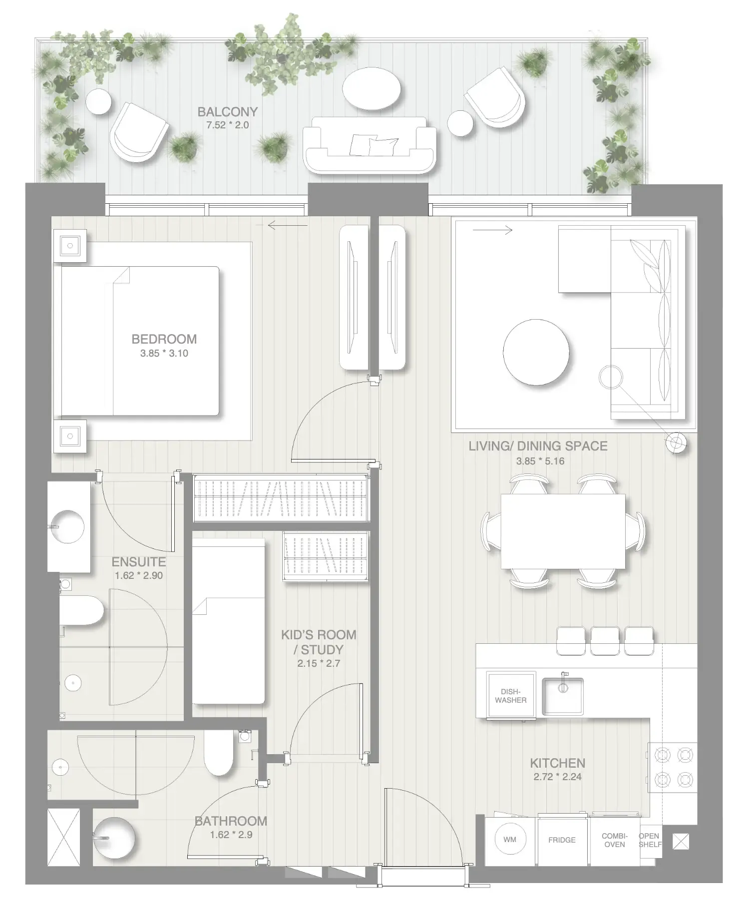 Sol Levante 1 bed floor plan, 857 sqft