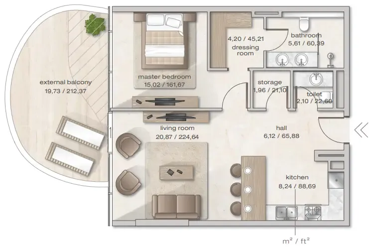 Zephyra Residences 1 bed floor plan, 973 sqft