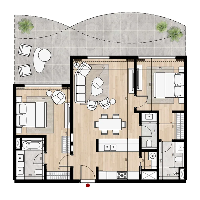 Miraggio 2 bed floor plan, 1,443 sqft