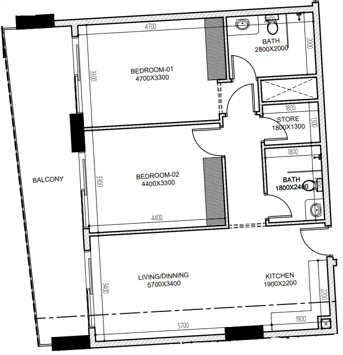 Astra South 2 bed floor plan, 1,077 sqft