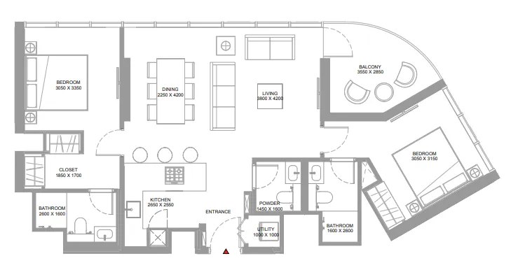 Pierside Marina Residences 2 bed floor plan, 1,021 sqft