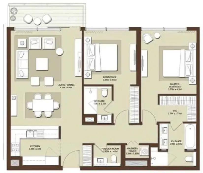 Acacia Park Heights 2 bed floor plan, 1,341 sqft