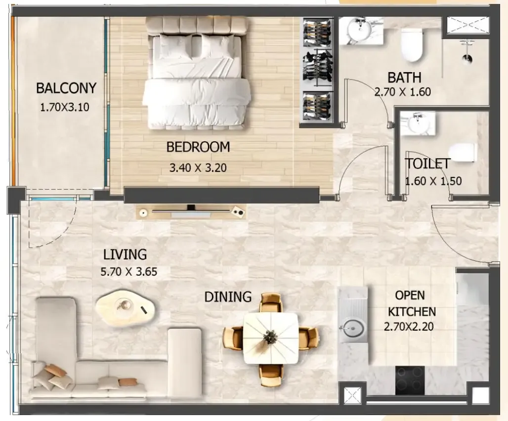 Crystal Tower by VHS 1 bed floor plan, 656 sqft