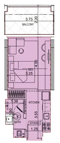 Binghatti Titania Studio floor plan, 374 – 384 sqft