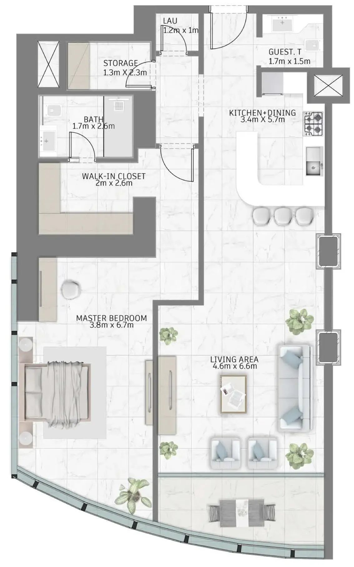 Al Habtoor Tower 1 bed floor plan, 1,255 – 1,285 sqft