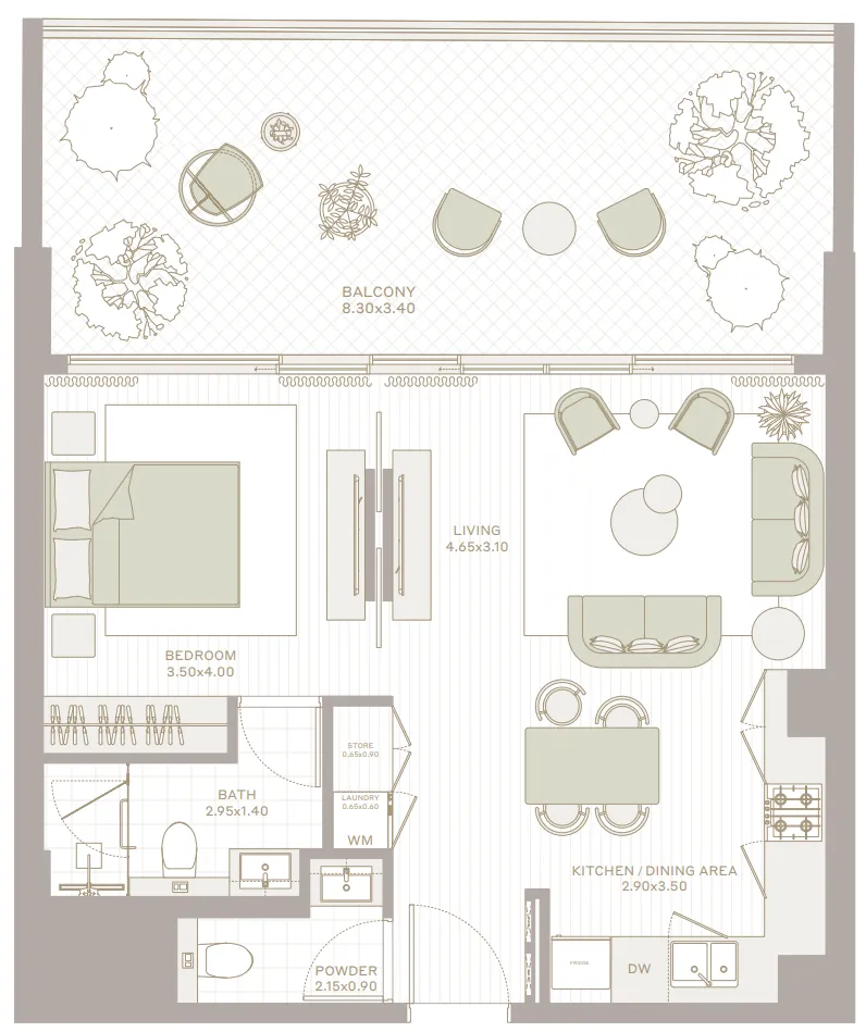 Park Five 1 bed floor plan, 922 sqft