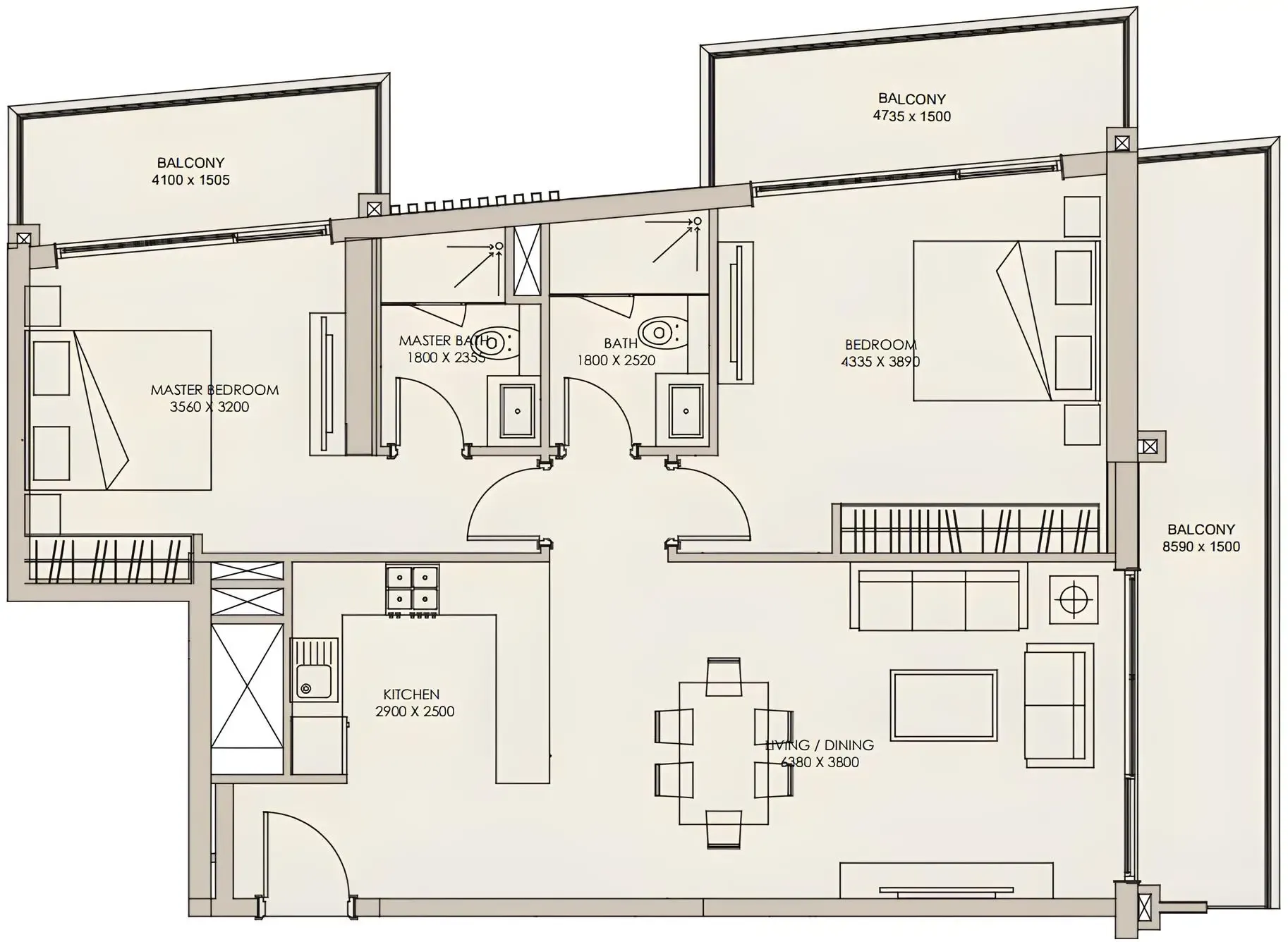 Nirvana Residences 1 2 bed floor plan, 1,289 sqft