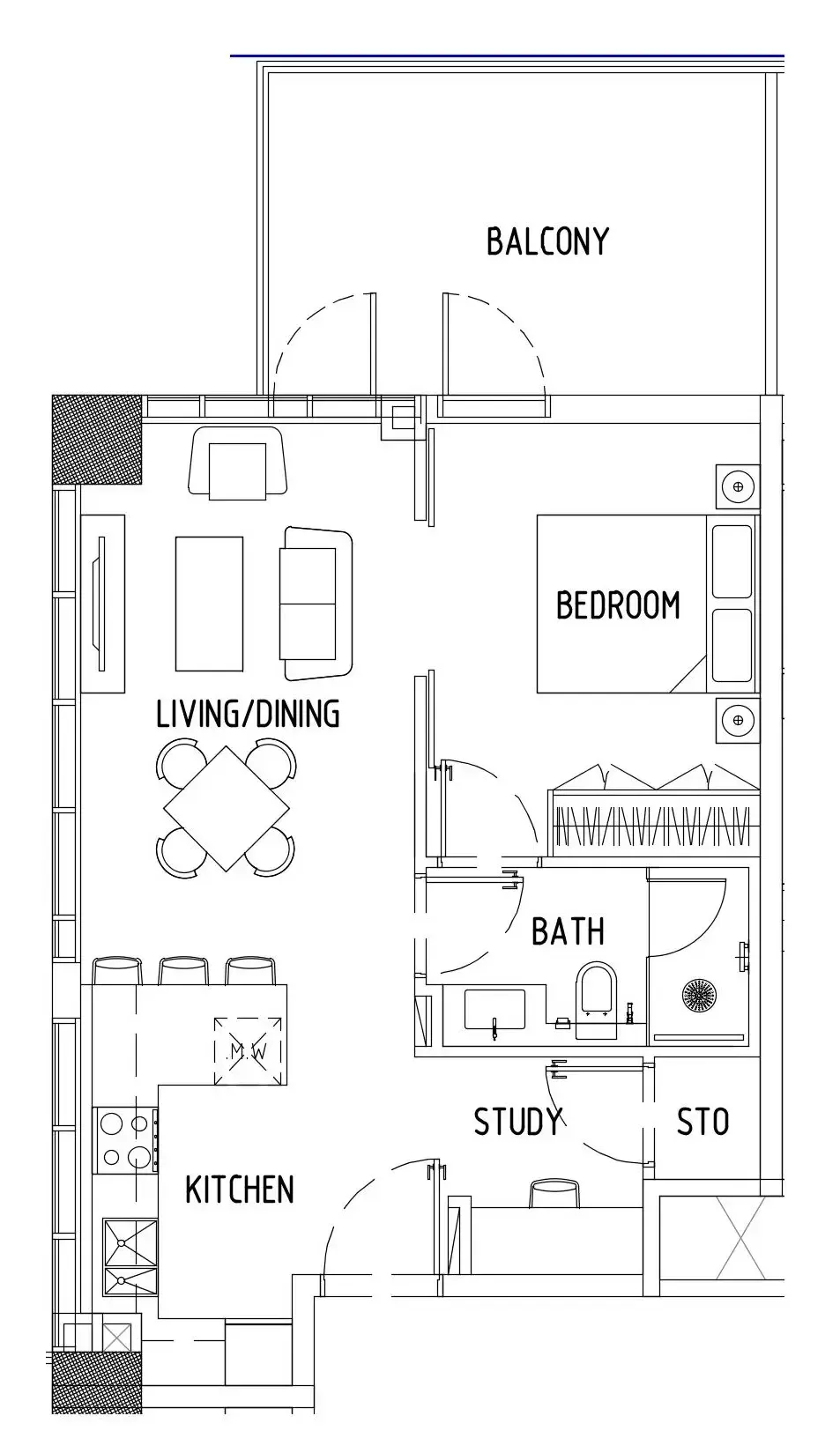 Damac District 1 bed floor plan, 703 sqft