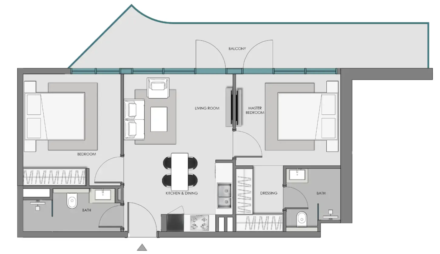 Samana Hills South 3 2 bed floor plan, 896 – 904 sqft