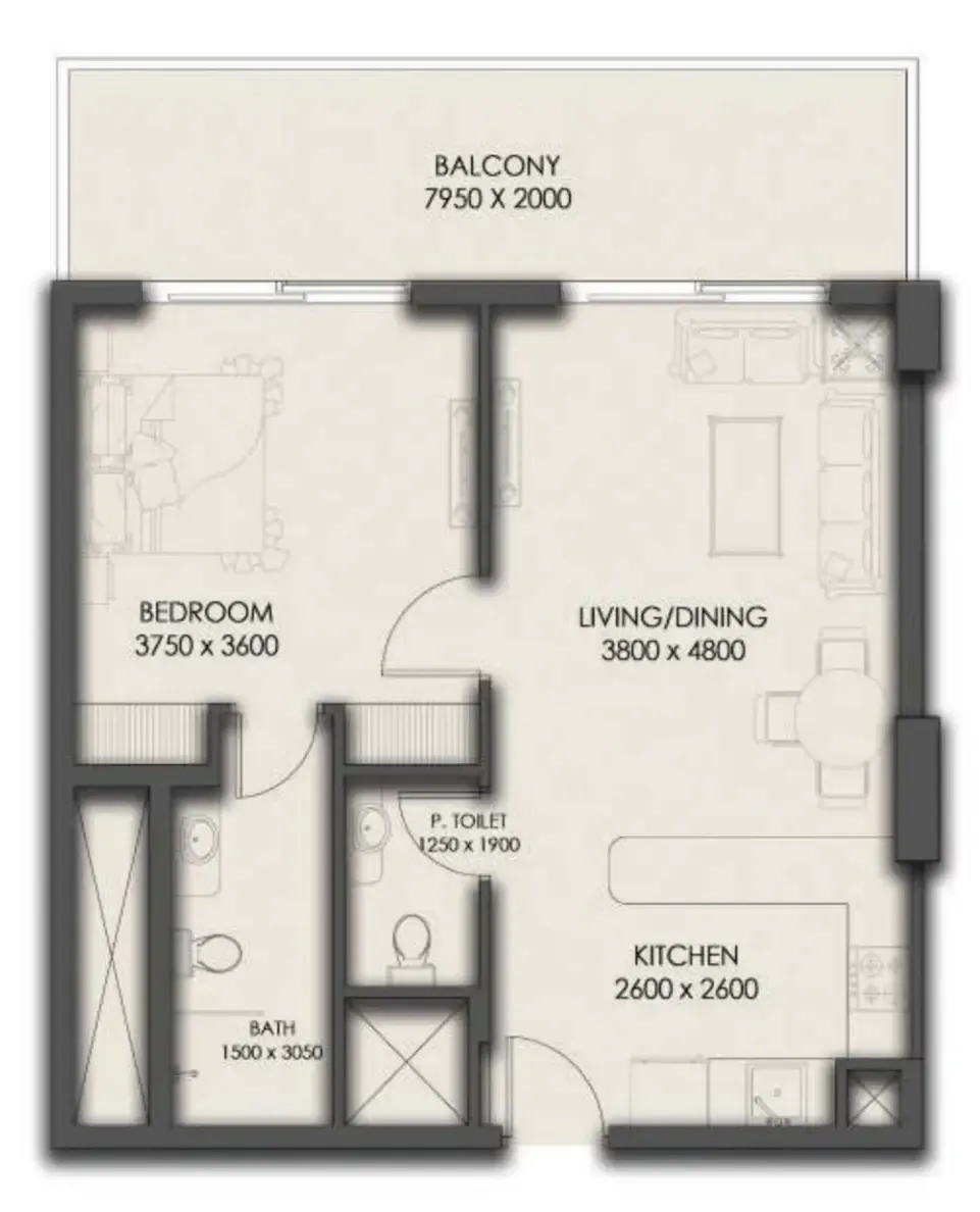 Park Residency 1 bed floor plan, 767 sqft