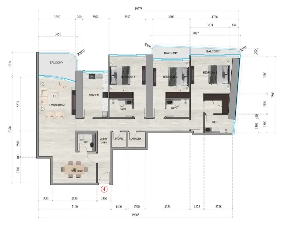 Al Ghaf Tower 3 bed floor plan, 2,082 sqft