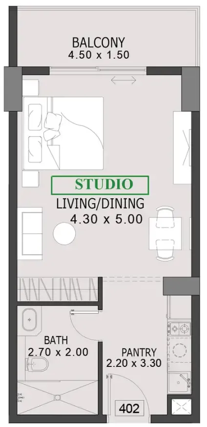 One By Preston Studio floor plan, 487 sqft