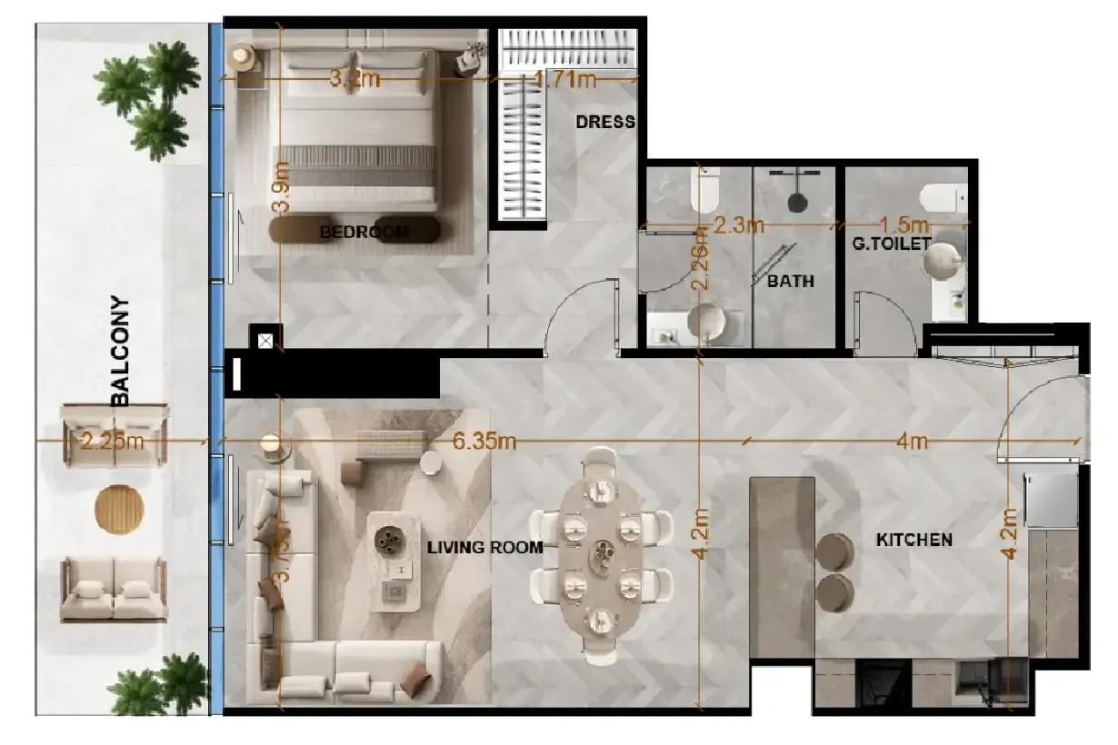 Radiant Terrace 1 bed floor plan, 948 – 990 sqft