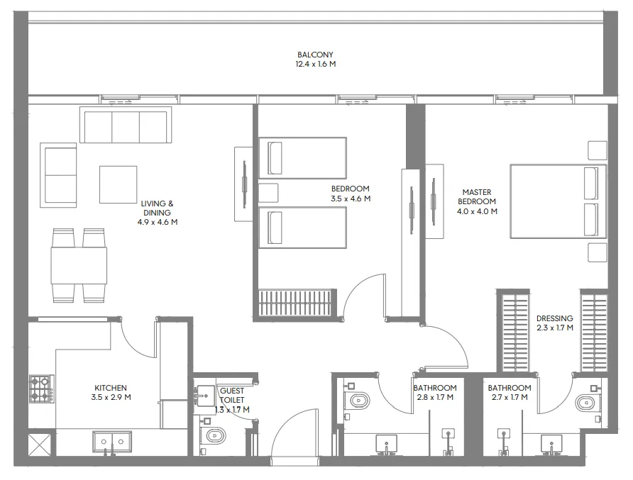 The Gate 3 and 4 2 bed floor plan, 1,340 sqft