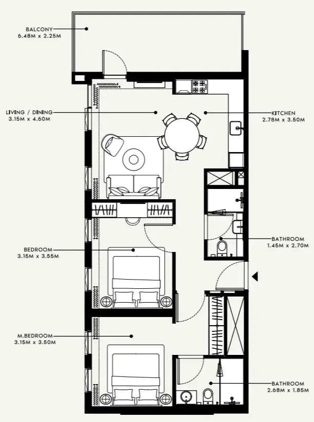 Beach Oasis 1 and 2 2 bed floor plan, 995 sqft
